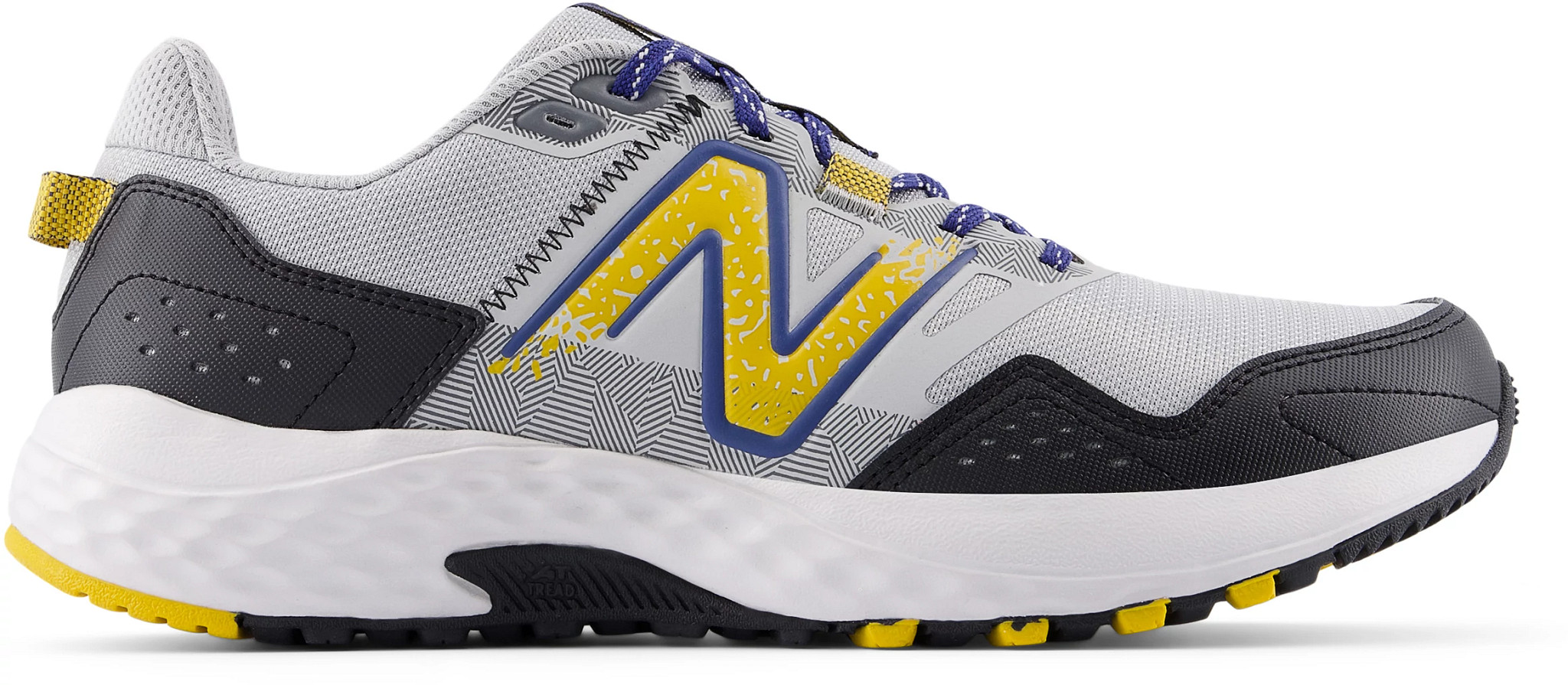Men's New Balance 410v8 Trail Runner shown in Grey Yellow (Grey)