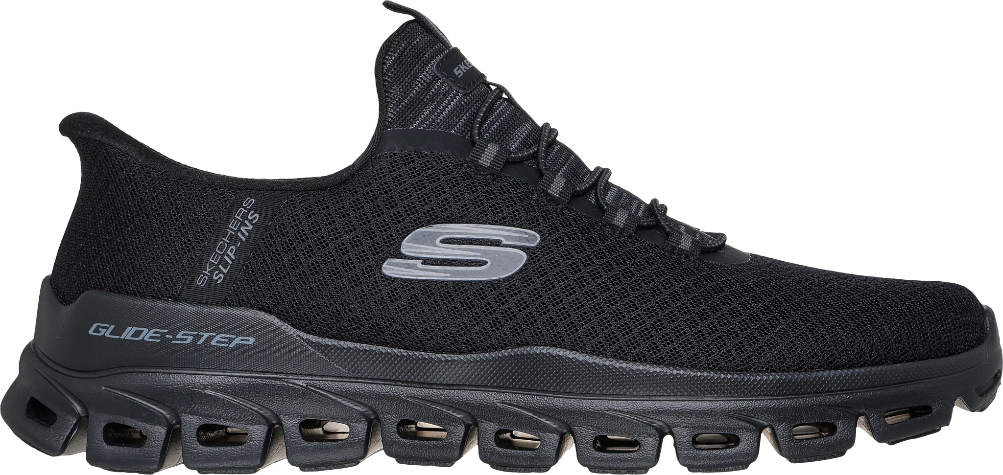 Men's Skechers Slip-Ins Glide Step Noxus Bungee Lace Runner shown in Black (Black)