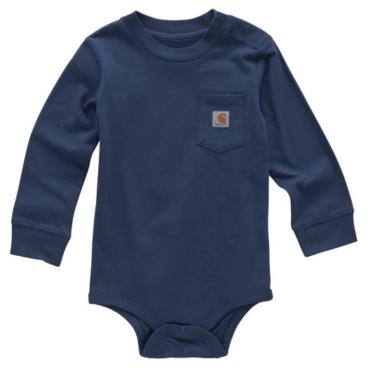 Infant's Infant Boy Carhartt Long Sleeve Pocket Onesie shown in Dark Denim (Blue)