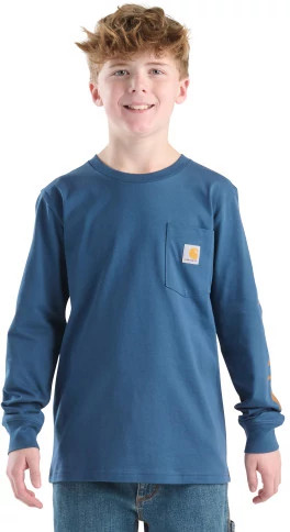 Youth Boy's Carhartt Long Sleeve Pocket Logo T-Shirt shown in Dark Denim (Blue)