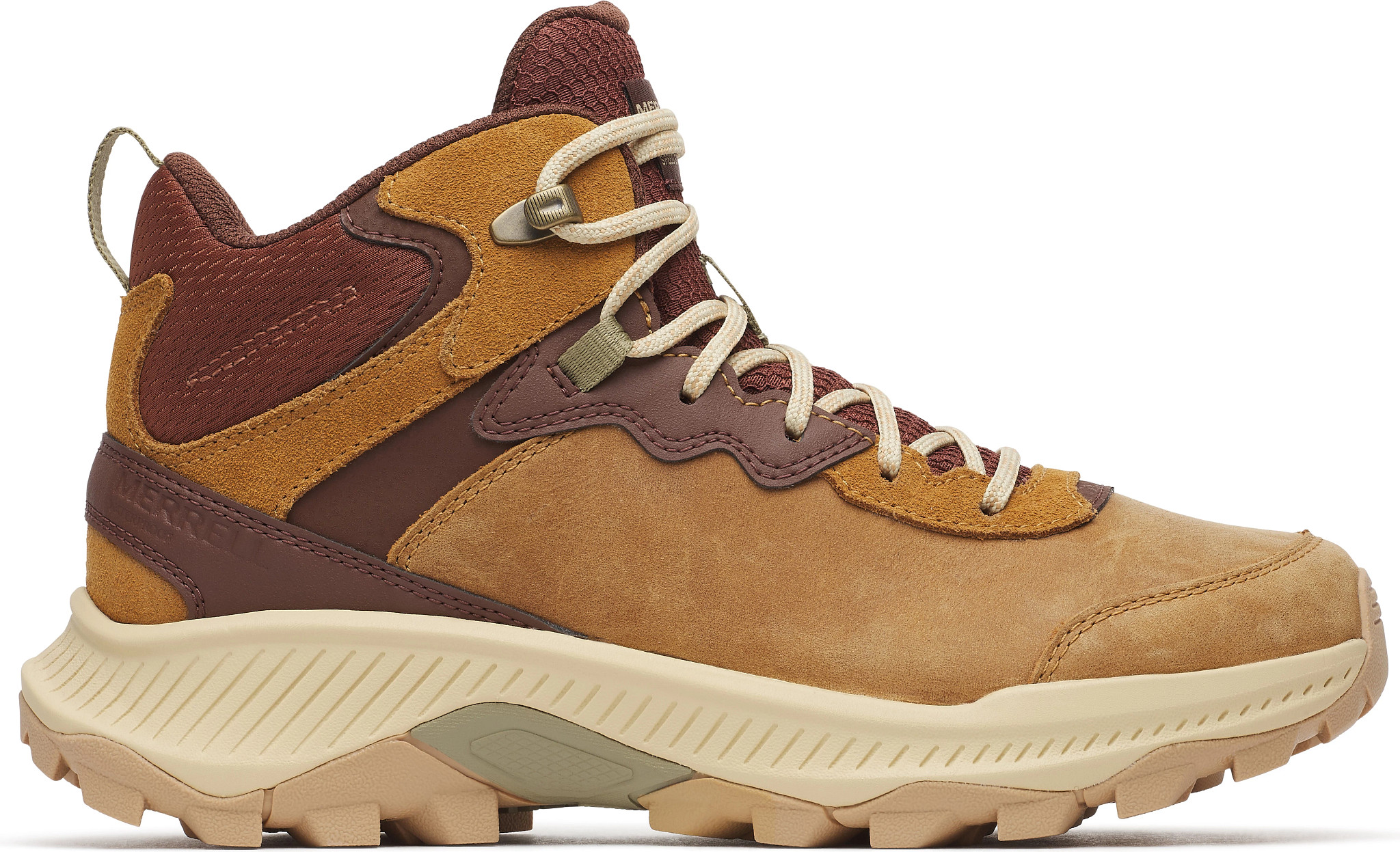 Women's Merrell Leather Waterproof Speed Strike 2 Hiker shown in Cabin Tan (Tan)
