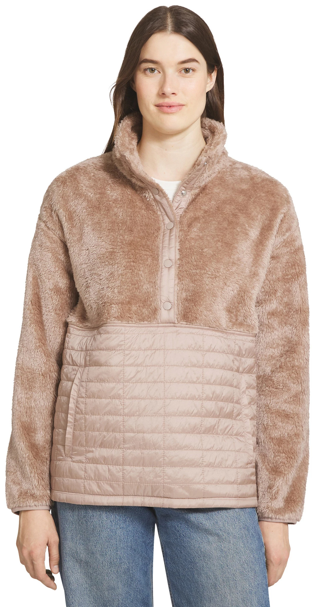 Women's Lands'End Half Snap Teddy Plush Pullover shown in Taupe (Brown)