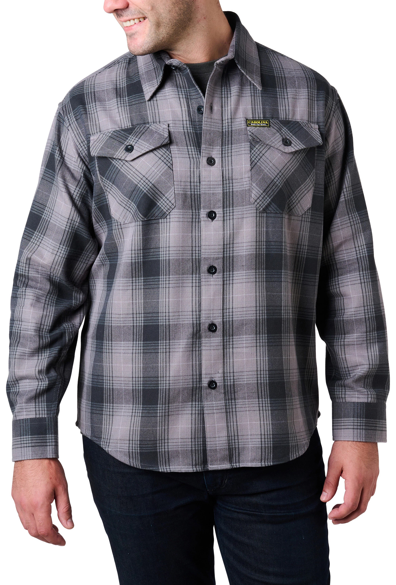 Men's Carolina Long Sleeve Plaid Flannel shown in Grey Plaid (Grey)