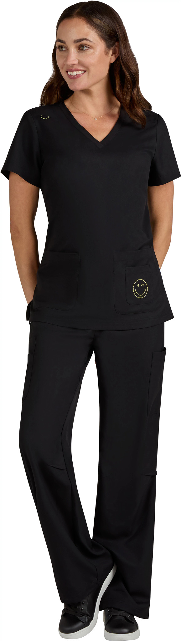 Women's Koi Smiley World Blissful V Neck shown on model 
