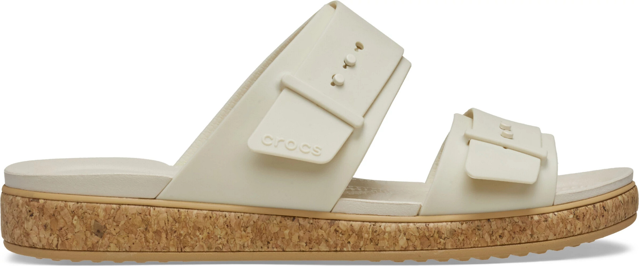 Women's Crocs Brooklyn Cork Buckle Low Low Slide shown in Frappe (Off White)
