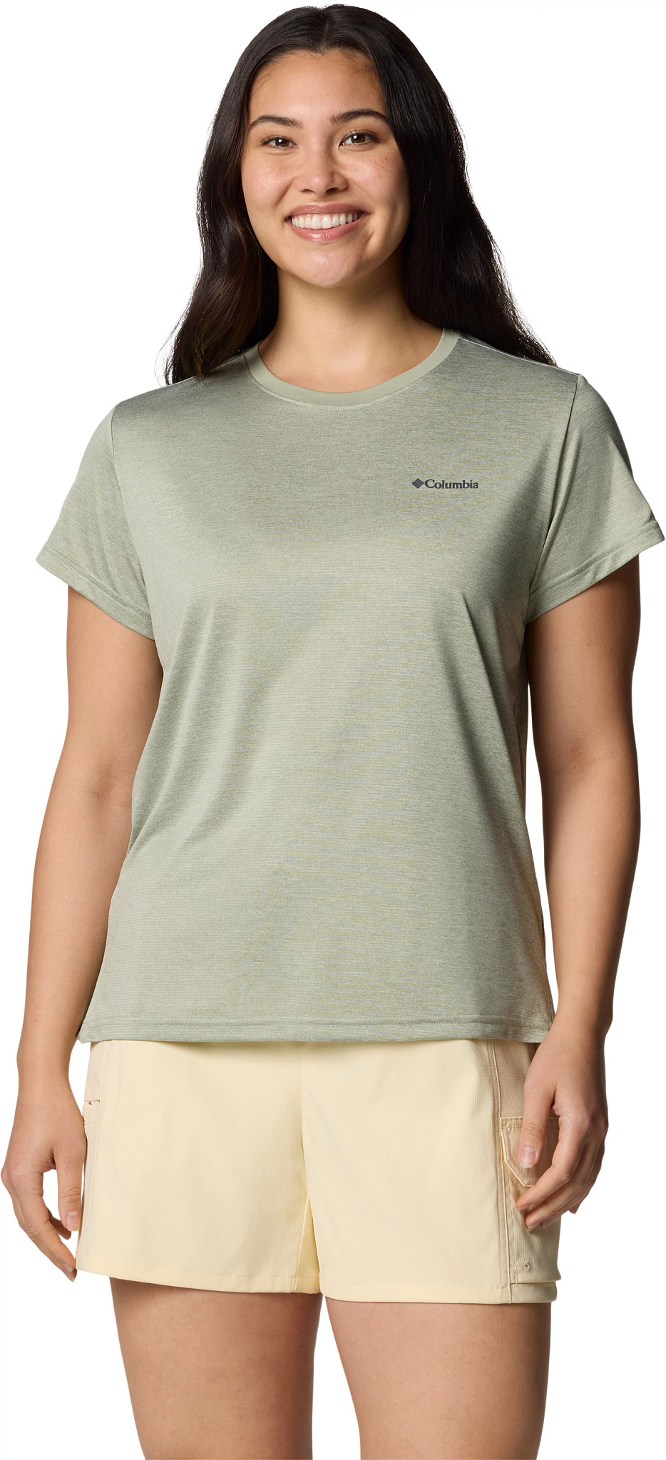 Women's Columbia Bluevista Hill Short Sleeve T-Shirt shown in Safari Heather (Green)