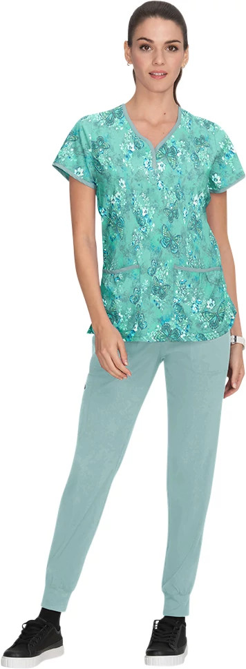 Women's Koi Lite Eve Butterfly Wonderland V Neck shown in Green (Prints)