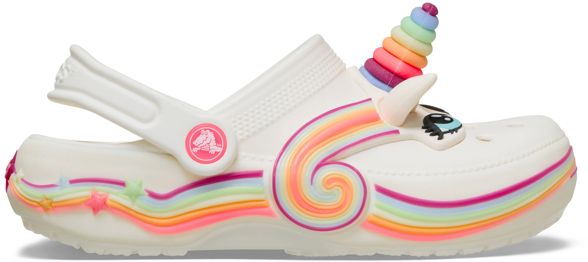 Girl's Crocs Classic Unicorn Clog shown in Chalk (Multicolor)