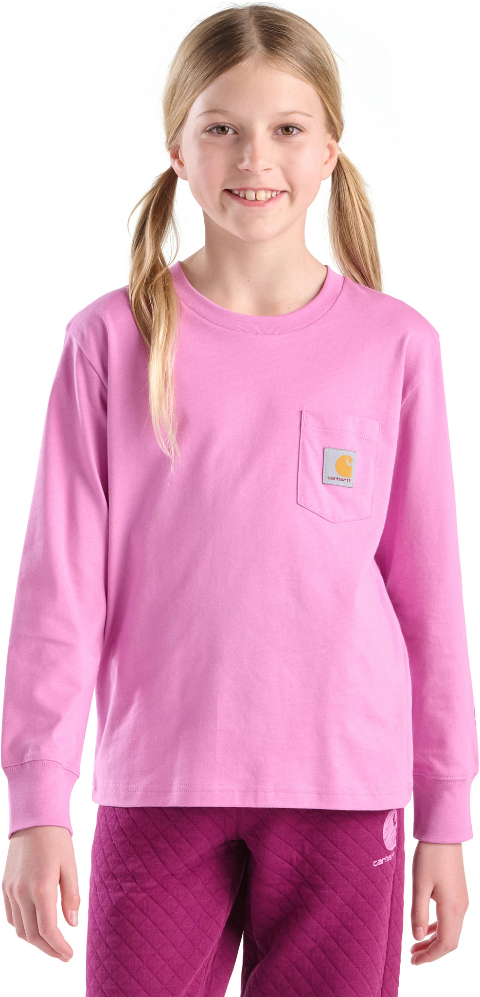 Youth Girl's Carhartt Long Sleeve Pocket Logo T-Shirt shown in Crocus (Pink)