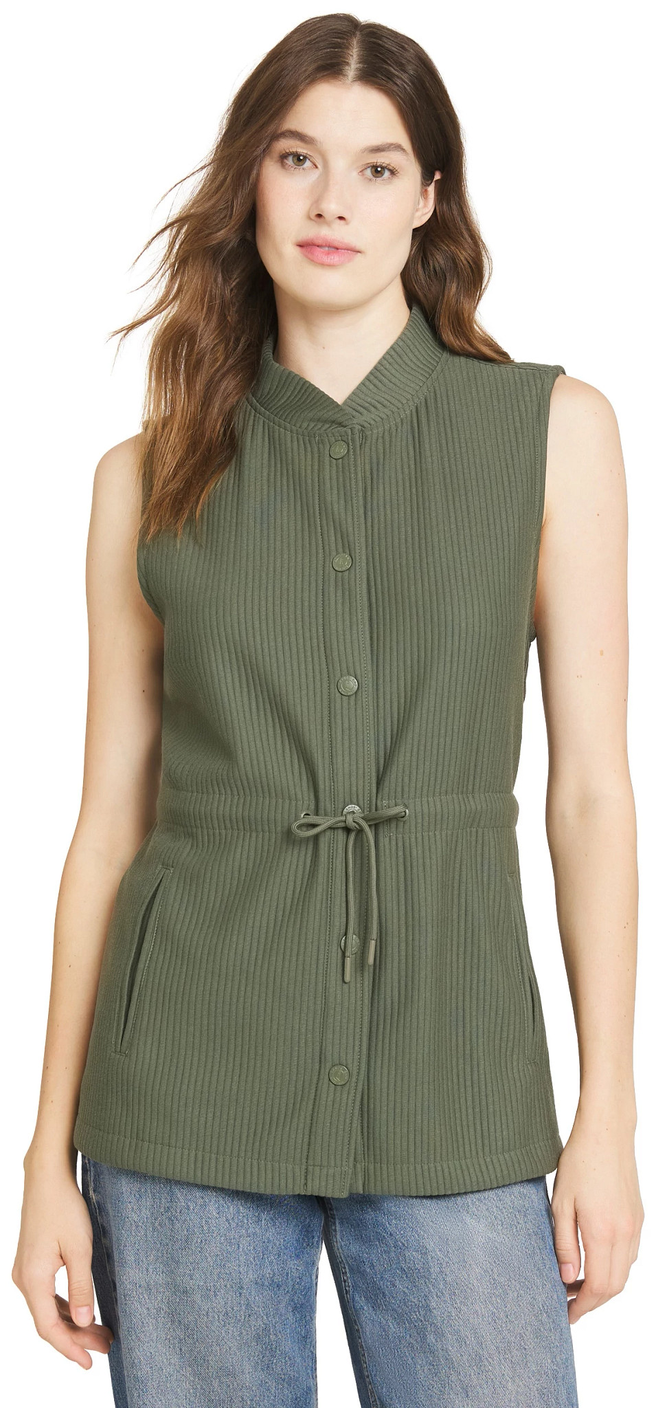 Women's Lands' End Ottoman Long Vest shown in Thyme (Green)