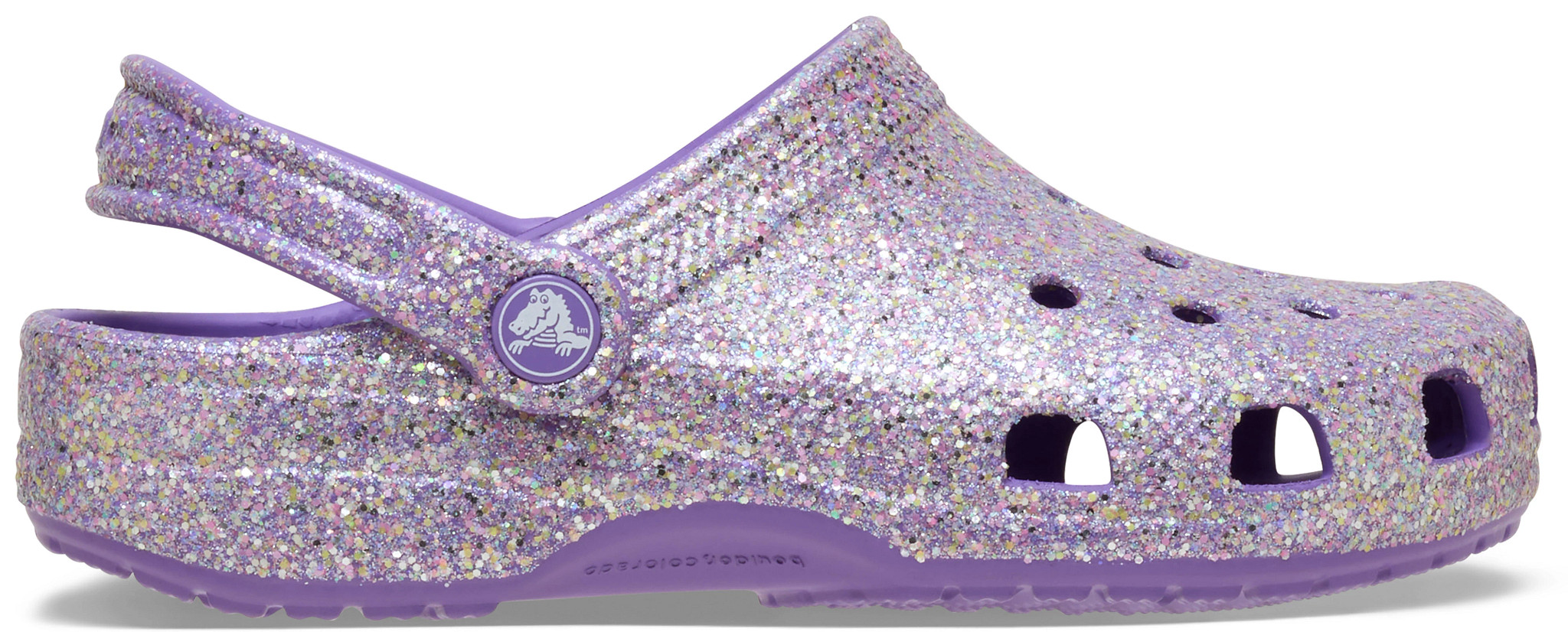 Girl's Crocs Classic Glitter Clog shown in Purple Fantasy (Purple)