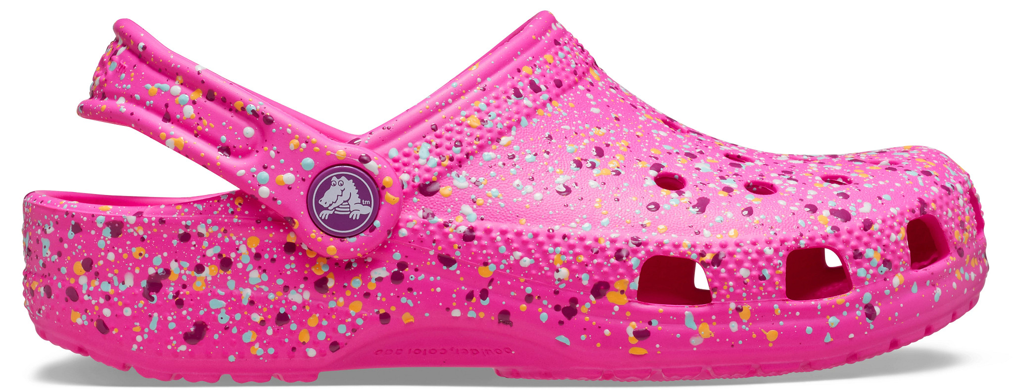 Girl's Crocs Classic Paint Splatter Clog shown in Pink Crush/Multi (Pink)