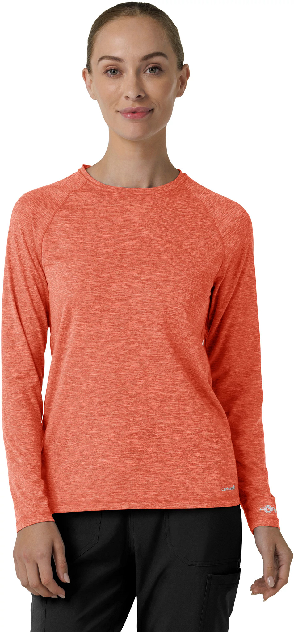 Women's Carhartt Long Sleeve Force T-Shirt shown in Dusty Cedar Heathered (Orange)