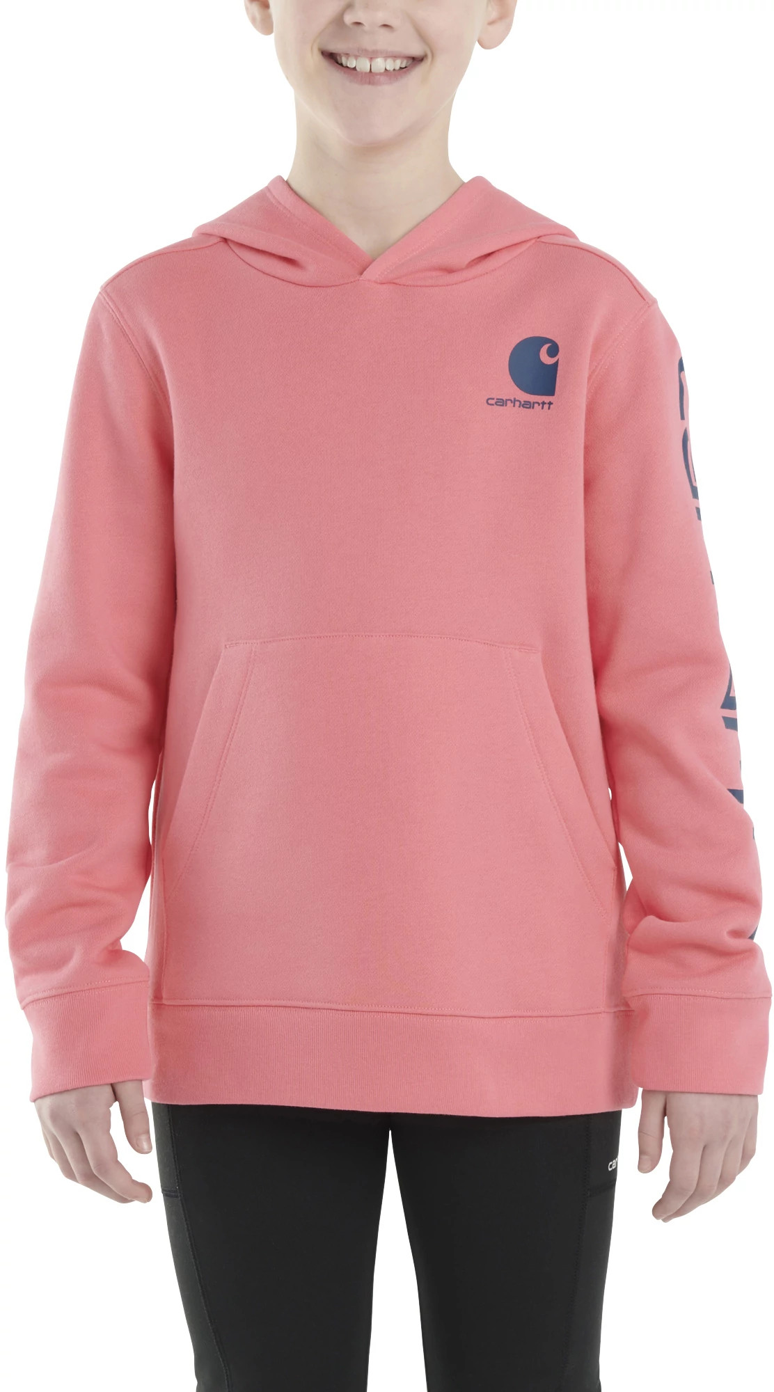 Girl's Carhartt Long Sleeve Logo Graphic Hoodie shown in Pink Lemonade (Pink)