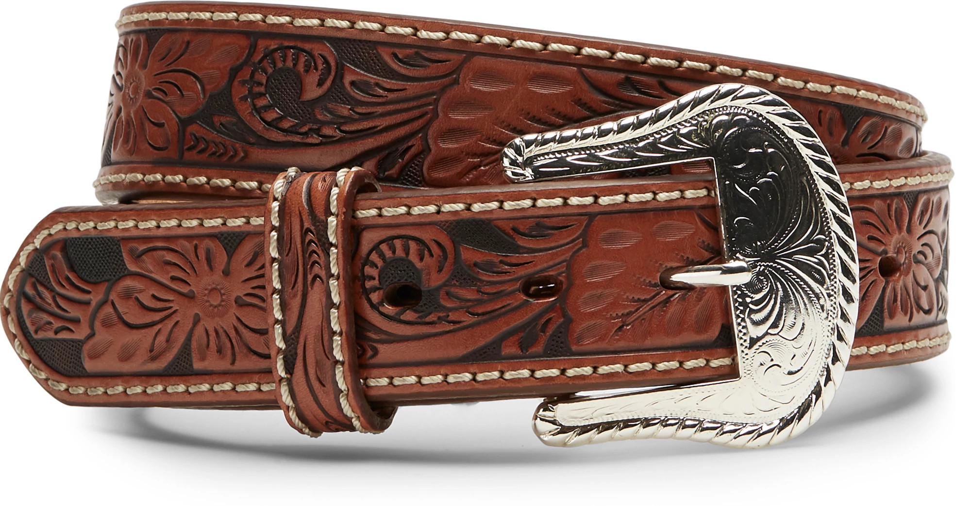 Men's Floral Tooled Belt shown in Tan (Tan)
