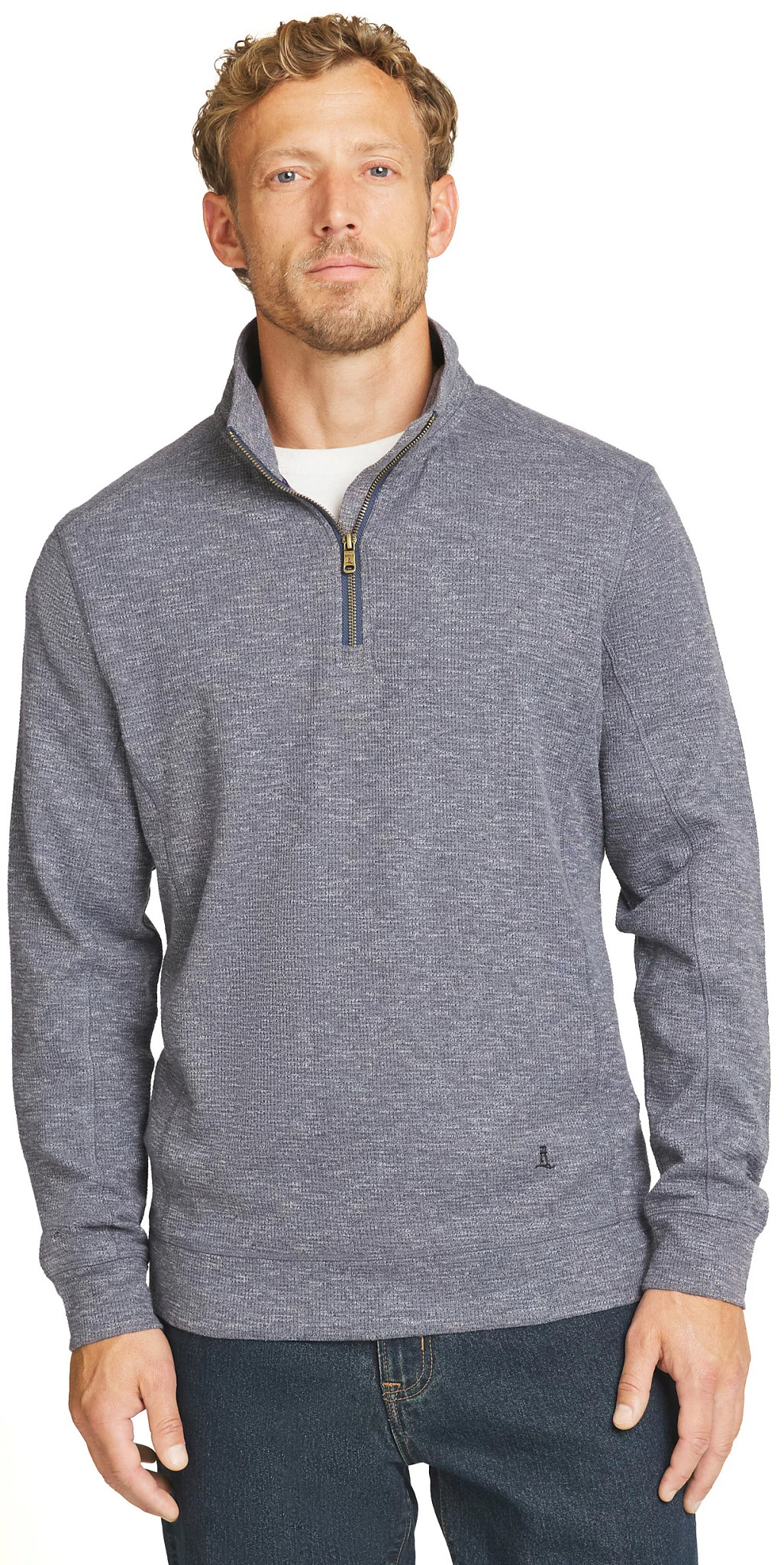 Men's Lands' End Ridgeline Mock Neck Quarter Zip shown in Navy Blazer (Blue)