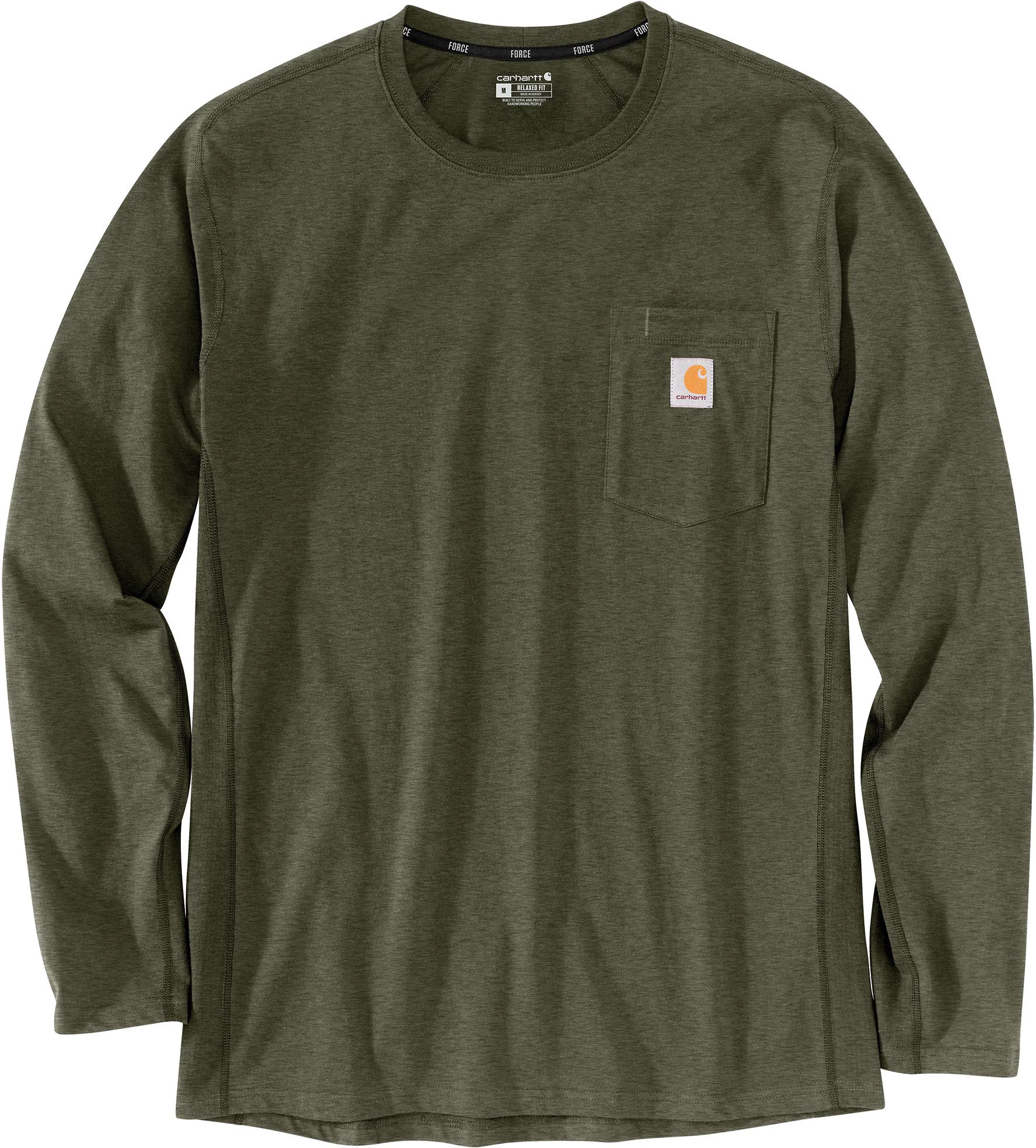 Men's Carhartt Force Relaxed Fit Long Sleeve Pocket T-Shirt shown in Basil Heather (Green)