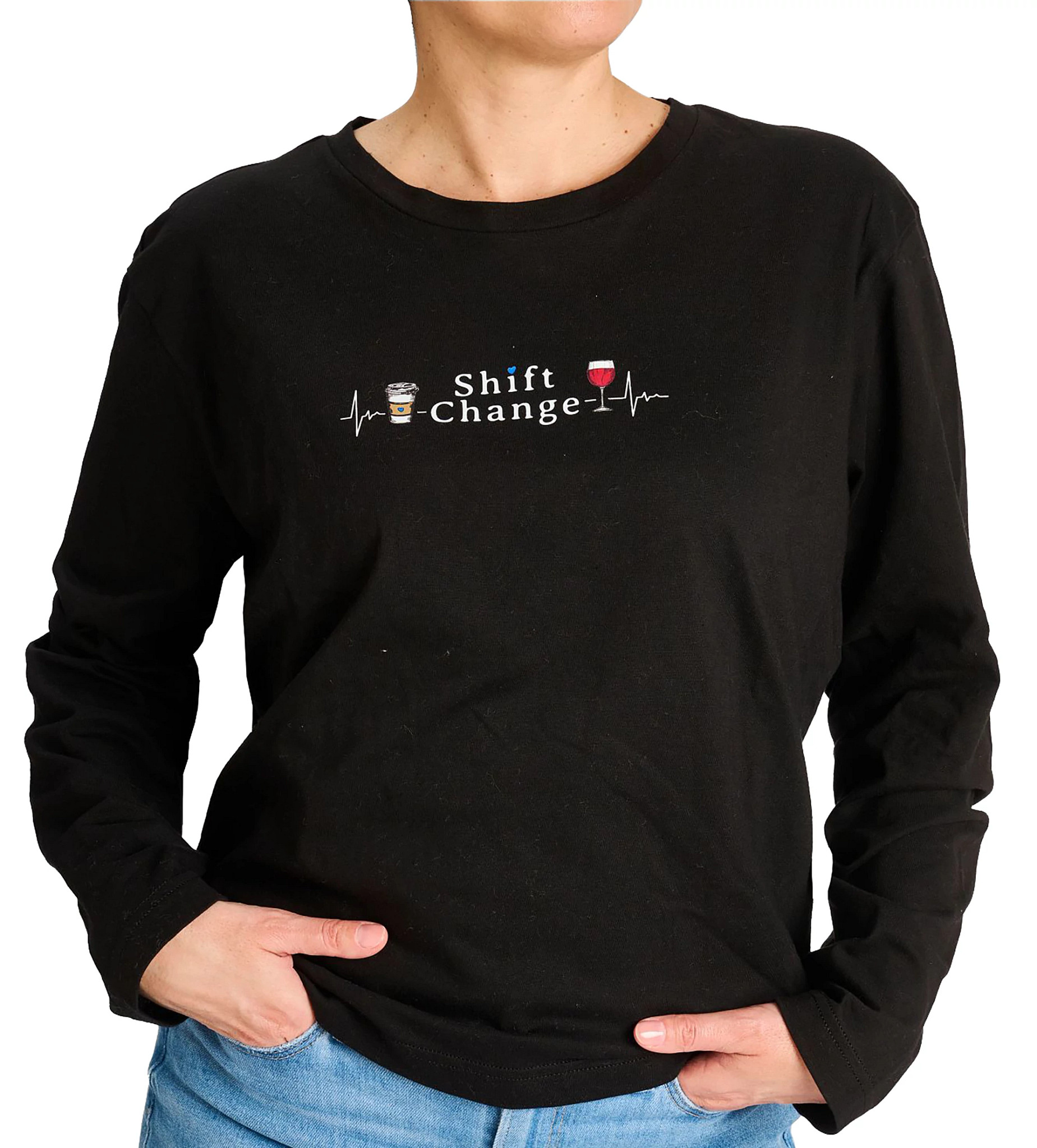 Women's Long Sleeve Tee shown in Shift Change (Black)