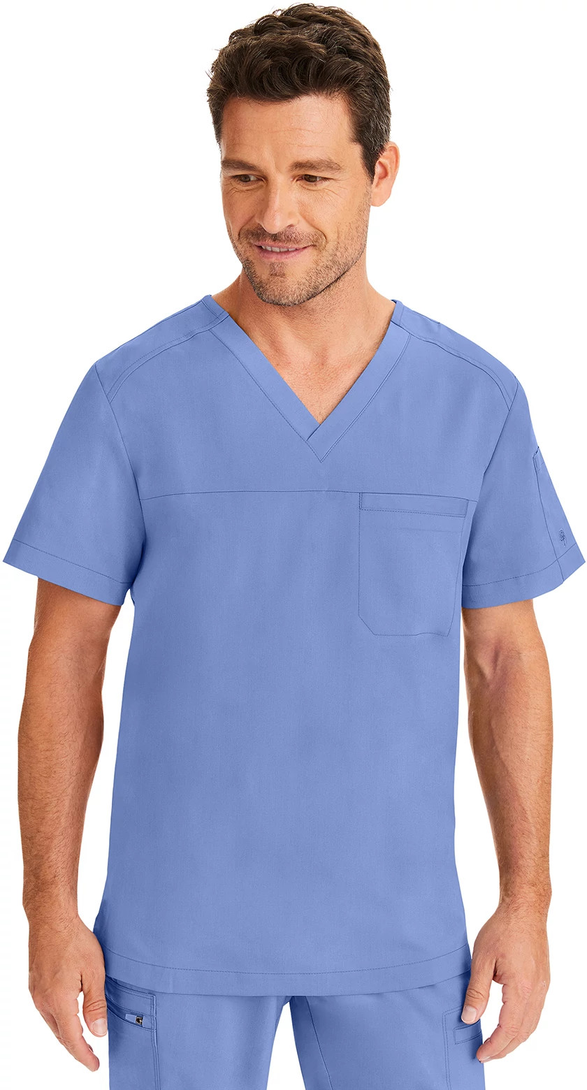 Men's Healing Hands 1 Pocket Justin V Neck shown in Ceil (Blue)