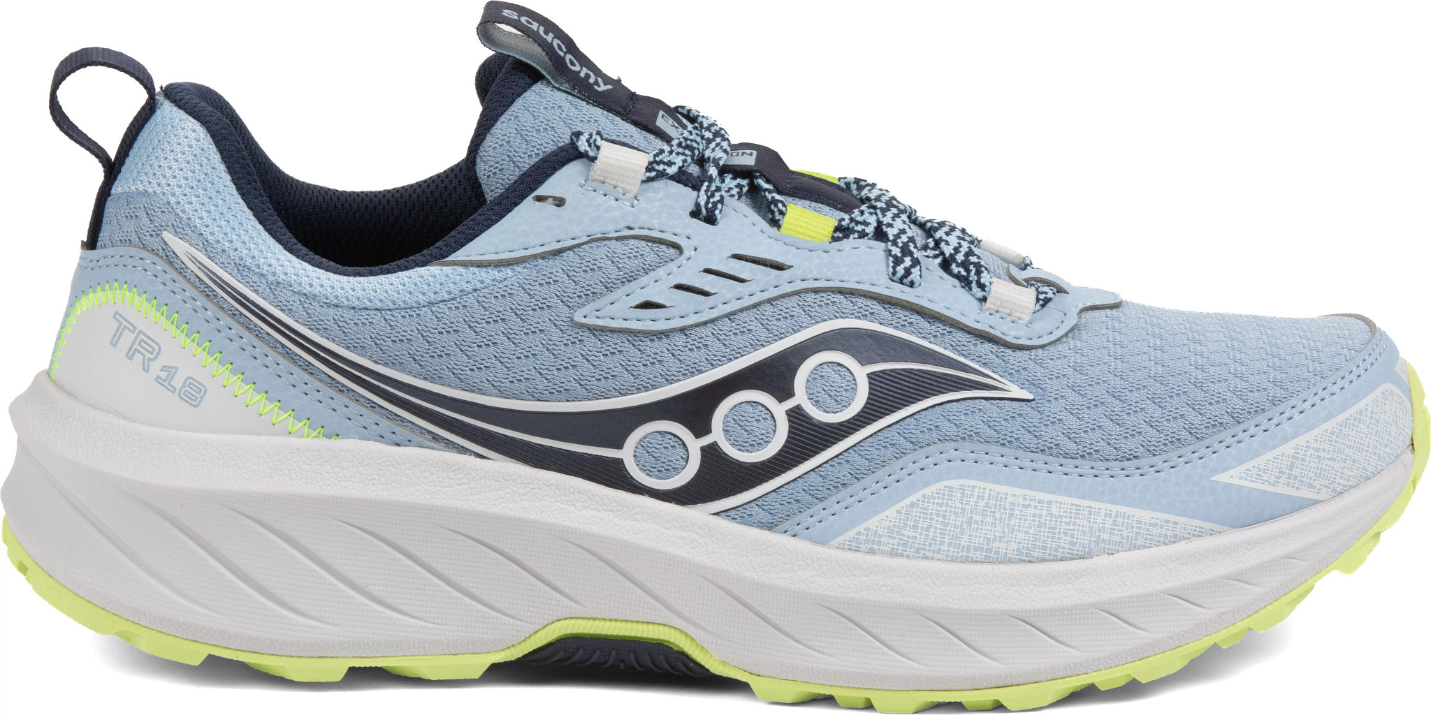 Women's Saucony Excursion Tr18 Trail Runner shown in Skyward/Tart (Blue)