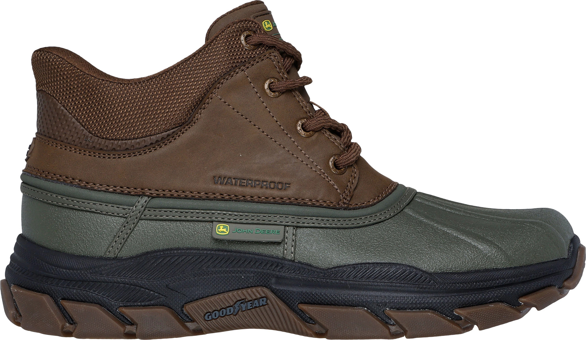 Men's Skechers Slip-Ins Waterproof John Deere Duck Boot shown in Olive Brown (Green)