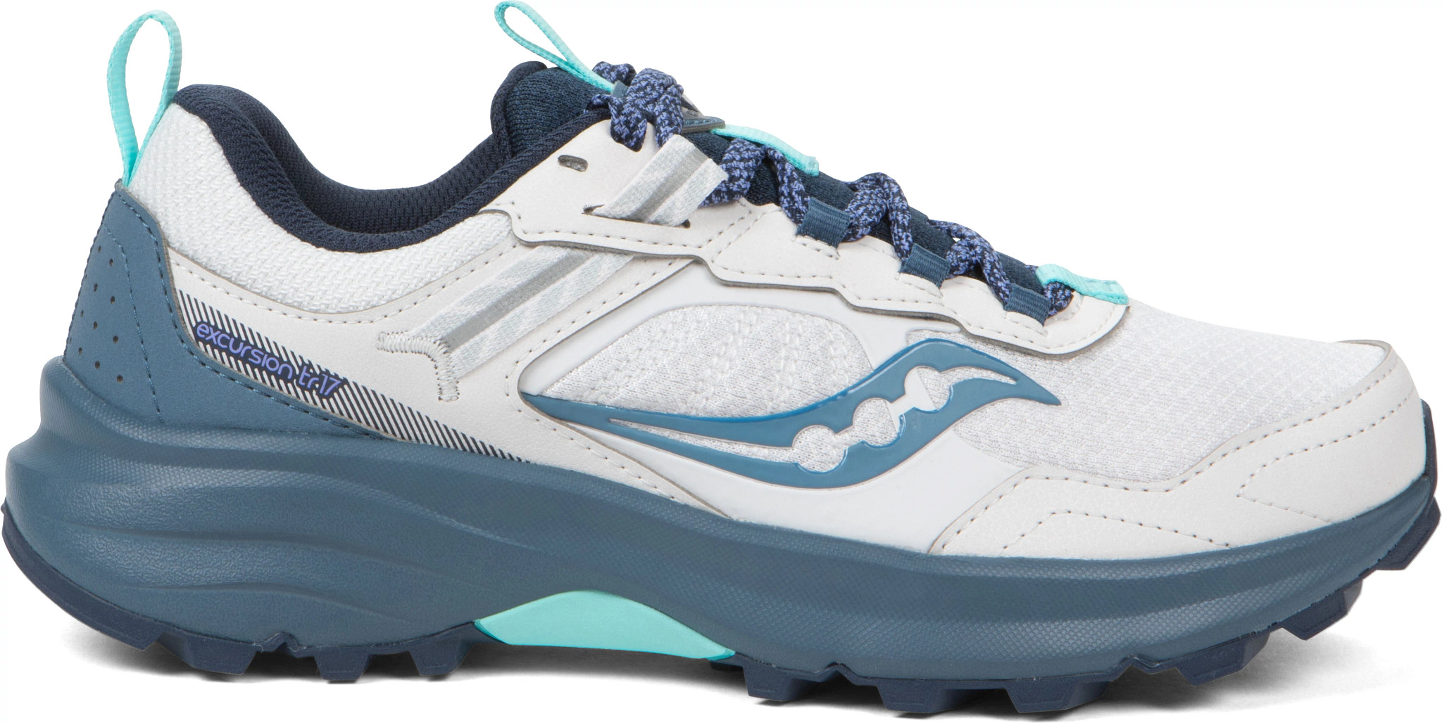 Women's Saucony Excursion Tr 17 Trail Runner shown in Fog/Navy (Grey)