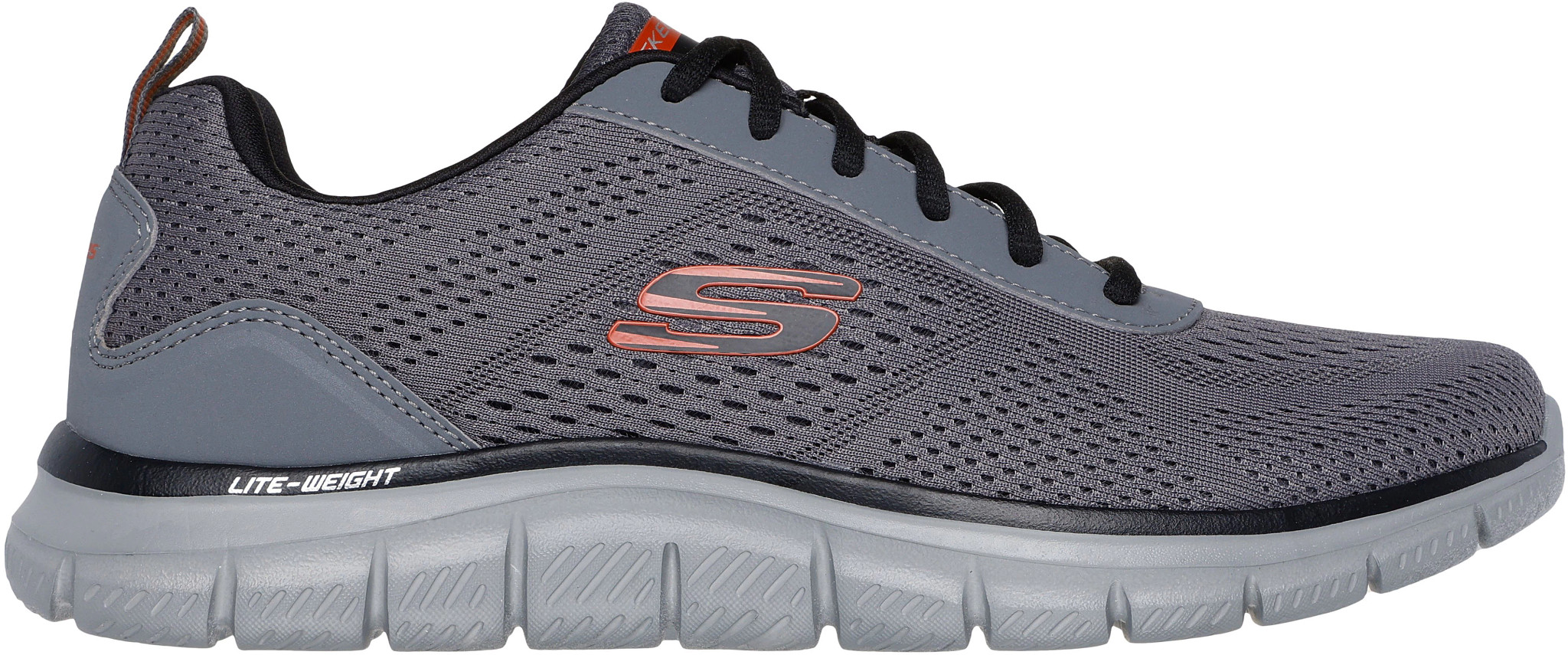 Men's Skechers Track Leshur Runner shown in Charcoal/Orange (Grey)
