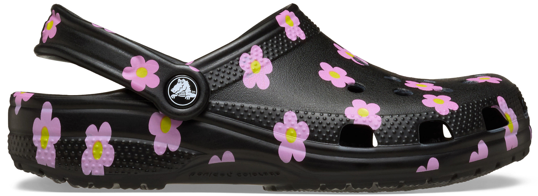 Girl's Crocs Classic Flower Graphic Clog shown in Black Floral (Prints)