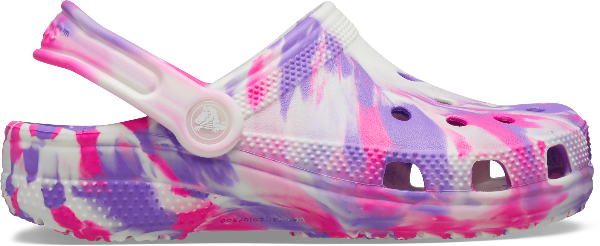 Girl's Crocs Classic Glow-In-The-Dark Marbled Clog shown in Crush/Multi (Pink)