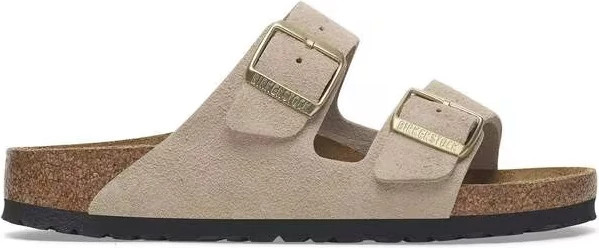 Women's Birkenstock Arizona 2 Buckle Slide shown in Sandcastle (Tan)