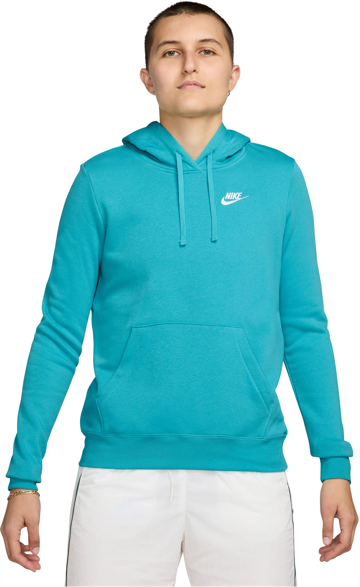 Women's Nike Club Fleece Pull-Over Hoodie shown in Dusty Cactus/White (Blue)
