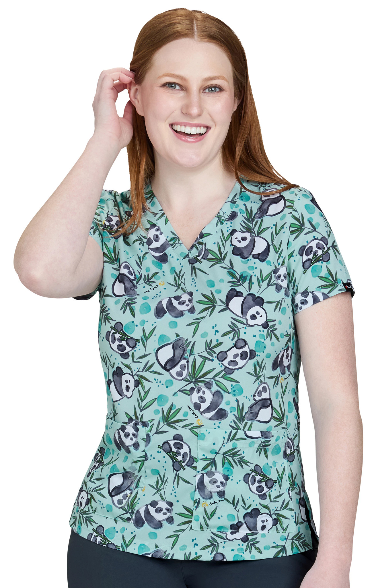 Women's Koi Basics Leslie Pandas V Neck shown in Sage/Multi (Prints)