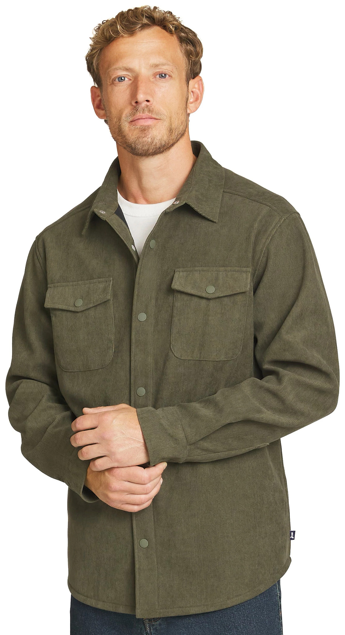 Men's Lands' End Clifton Corduroy Shirt Jacket shown in Olive (Green)