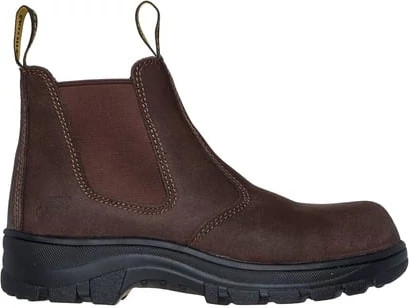 Women's Skechers Work Workshire Composite Toe Jannit Chelsea Boot shown in Brown Suede (Brown)