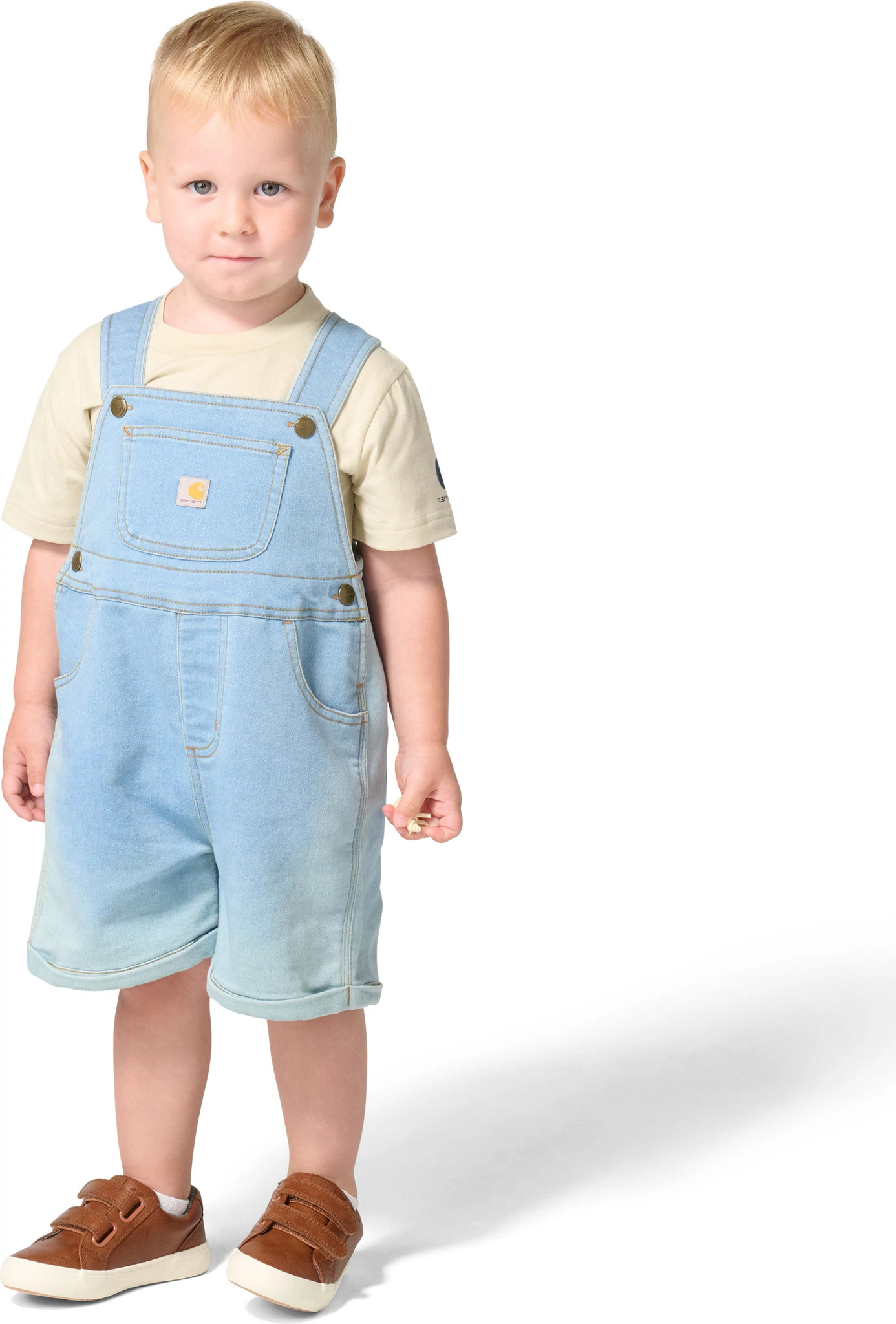 Toddler Boy's Carhartt Short Sleeve T-Shirt & Denim Shortall Set shown in Denim (Blue)