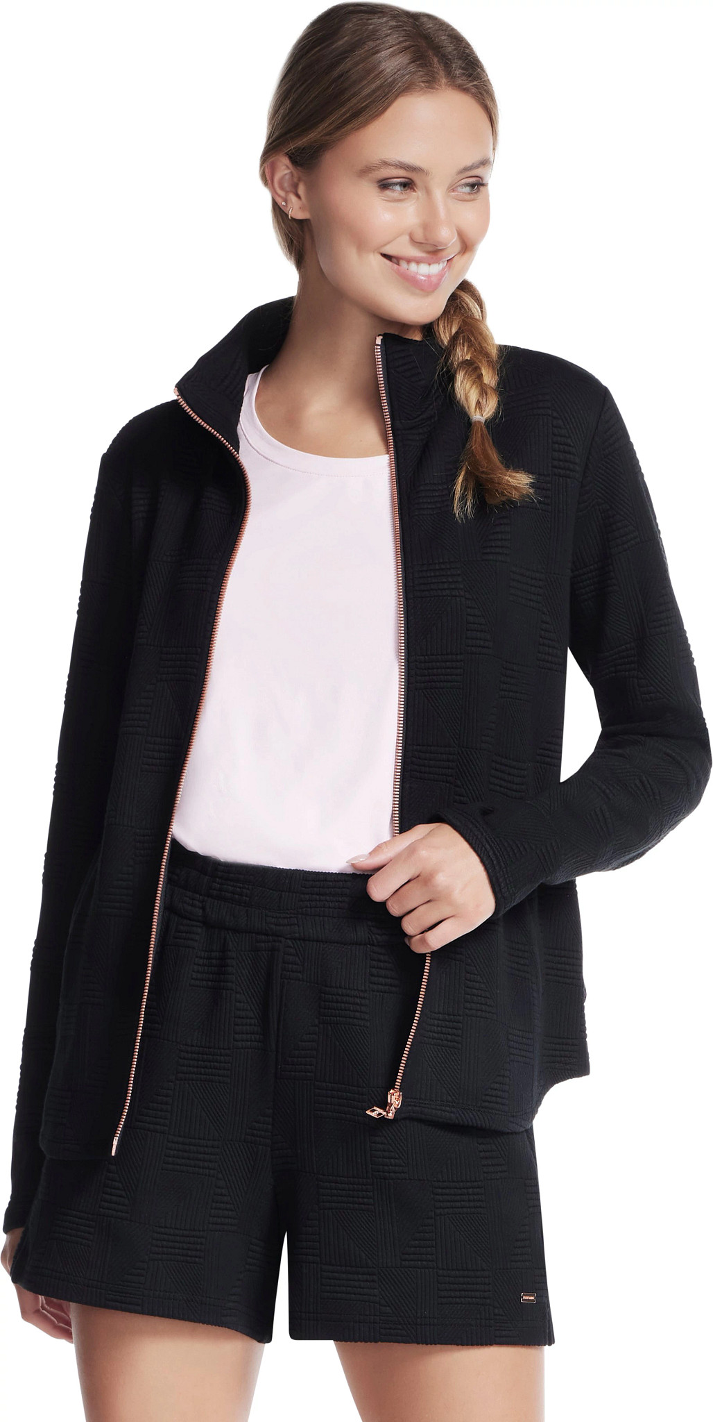 Women's Skechers Diamond Ottoman Full Zip Jacket shown on model 