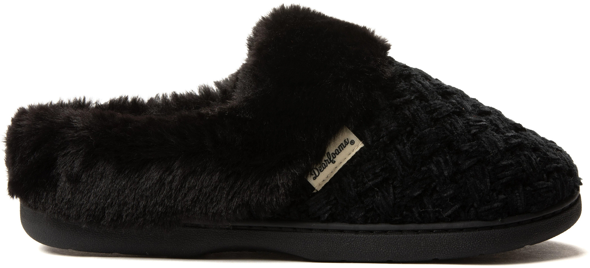 Women's Womens Dearfoams Claire Chenille Knit Clog Black Solid shown in Black (Black)