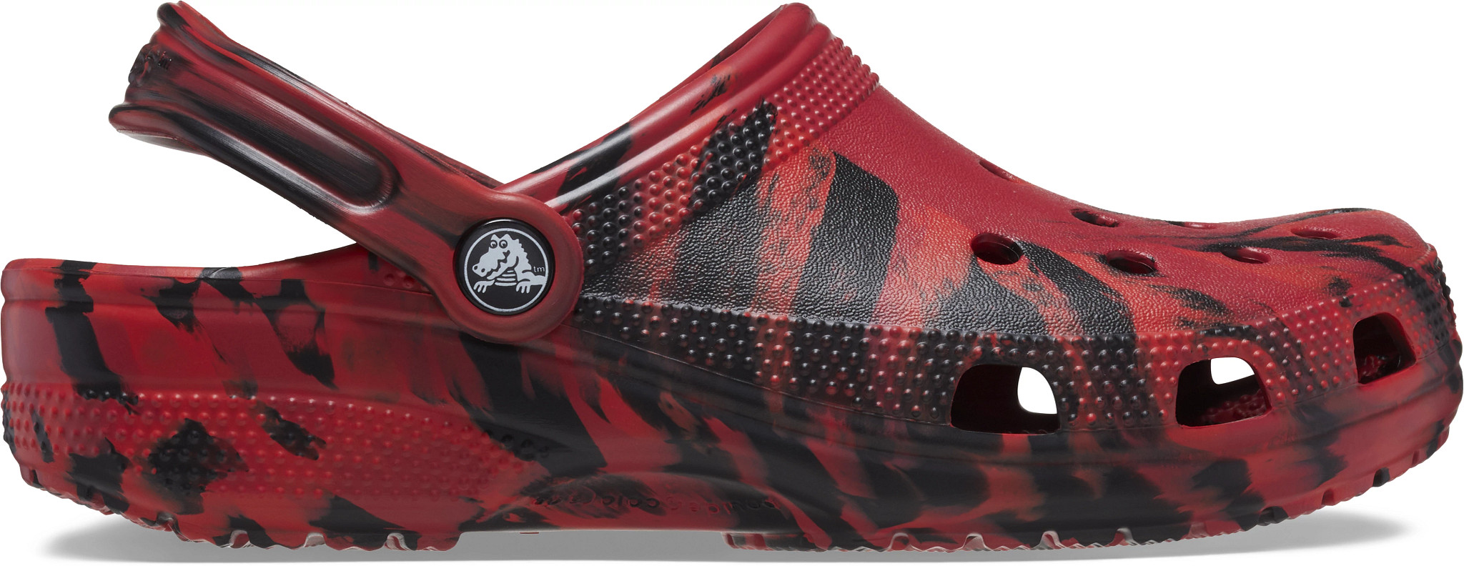 Men's Crocs Classic Marbled Clog shown in Pepper Black (Red)