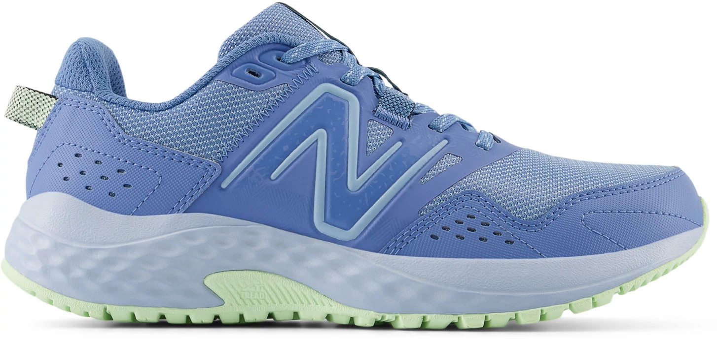 Women's New Balance 410v8 Trail Runner shown in Blue Laguna/Melon Water (Blue)