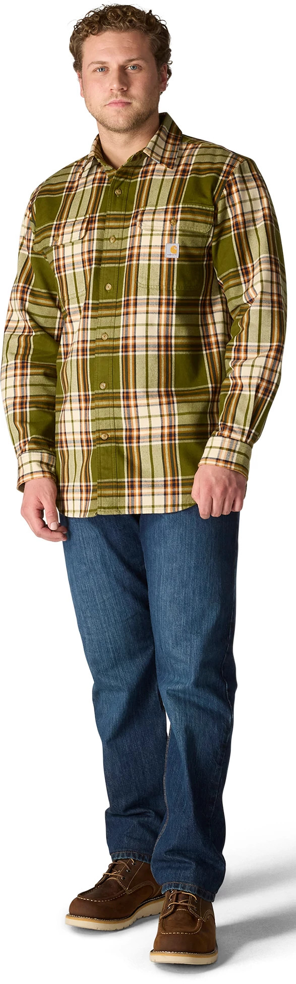Men's Carhartt Loose Fit Heavyweight Flannel Plaid Shirt shown on model 