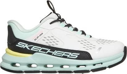 Girl's Skechers Slip-Ins Glide Step Vista Lane shown in White/Blk/Turquoise (White)