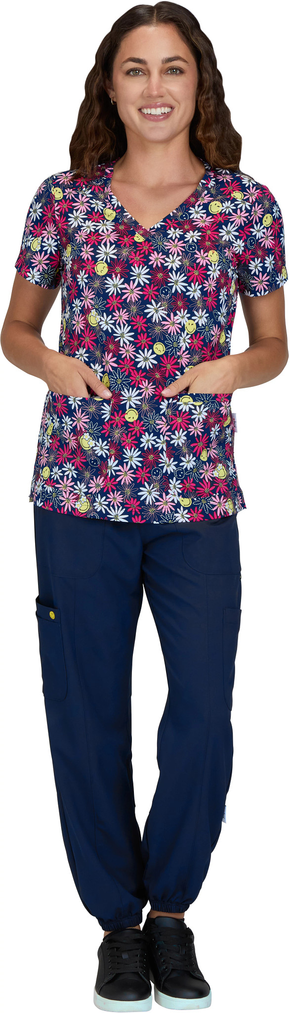 Women's Koi Smile World Smile Daisy V Neck shown on model 