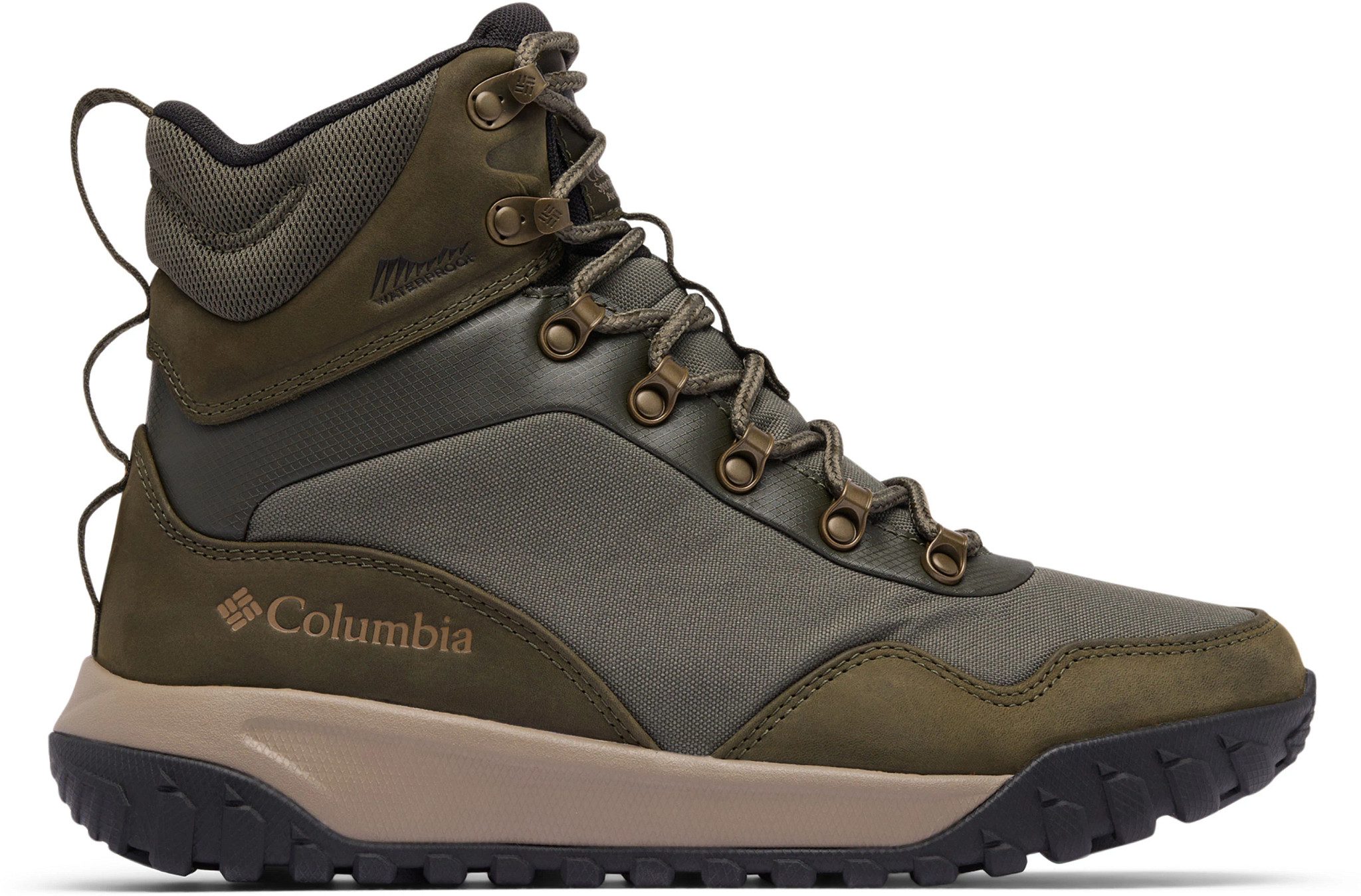 Men's Columbia Waterproof Omni-Heat Burnsider shown in Deep Olive/Orange (Green)