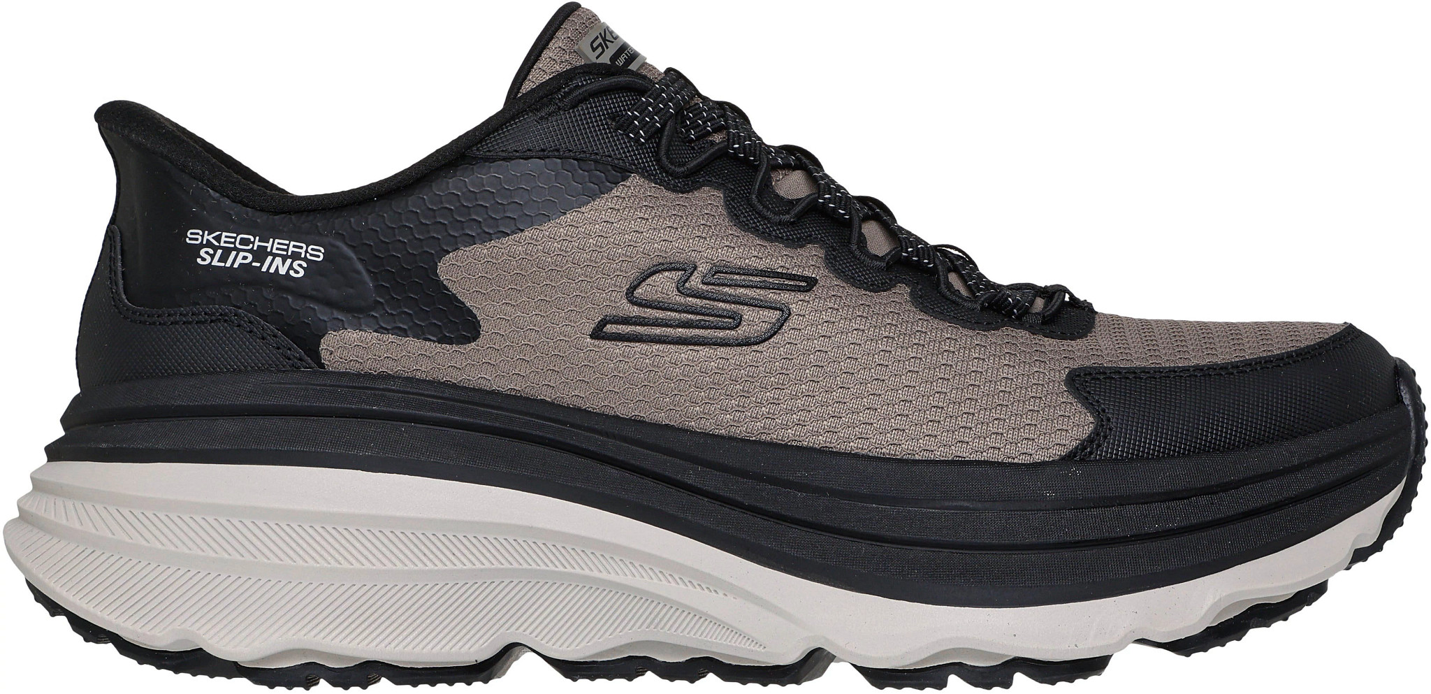 Men's Skechers Slip-Ins Max Cushioning Zirrus Runner shown in Taupe Black (Multicolor)