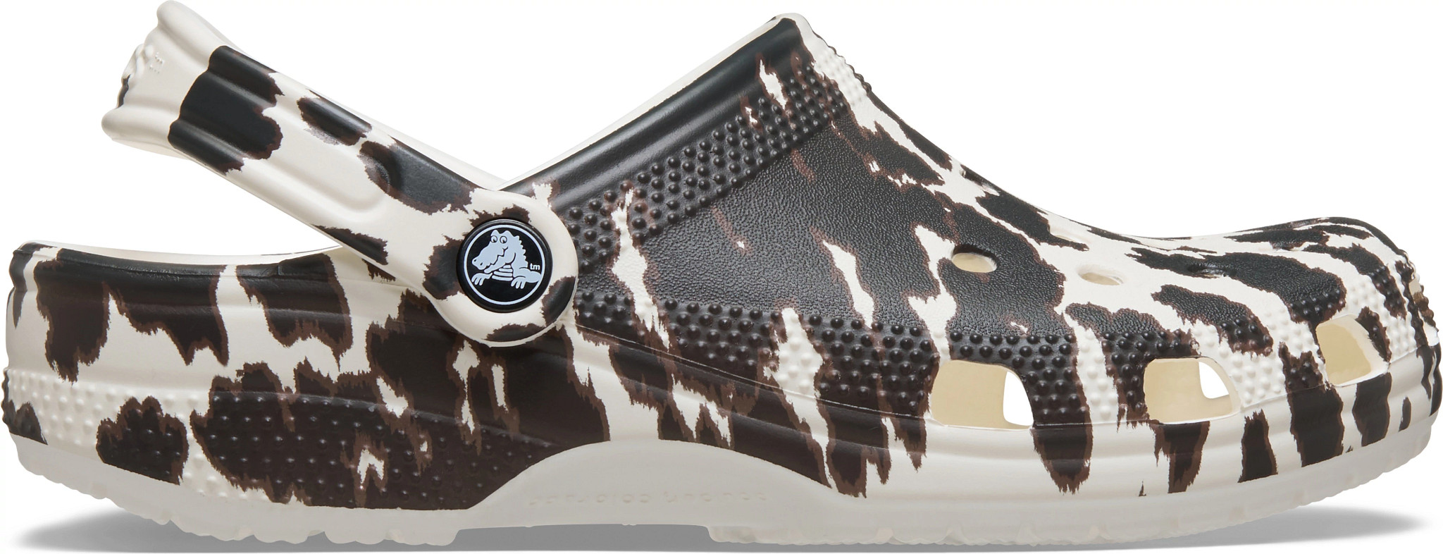 Women's Crocs Classic Pop Animal Clog shown in Chalk/Cow Multi (Animal Print)