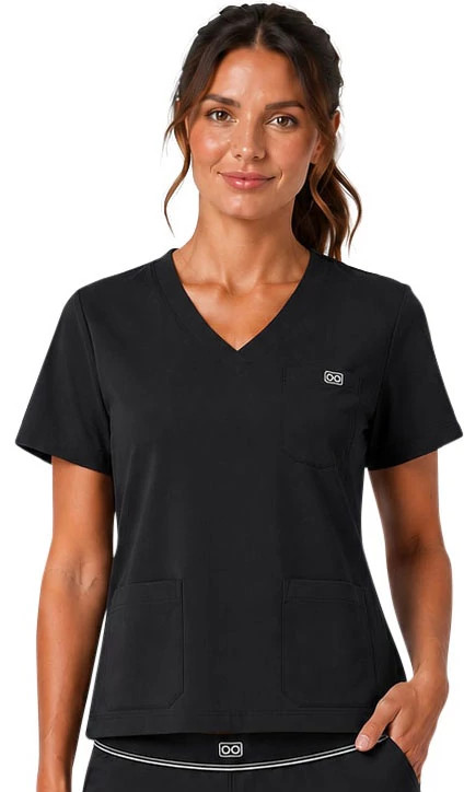 Women's Parkley Hip Flip Demi 3 Pocket V Neck shown in Black (Black)