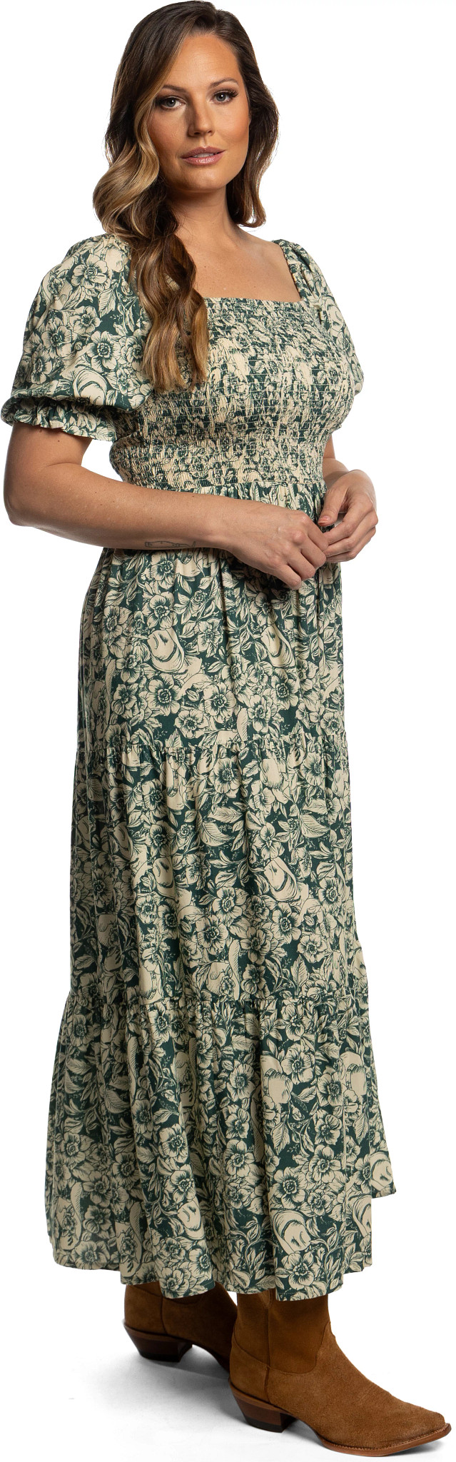 Justin Smocked Maxi Dress shown in Green (Prints)