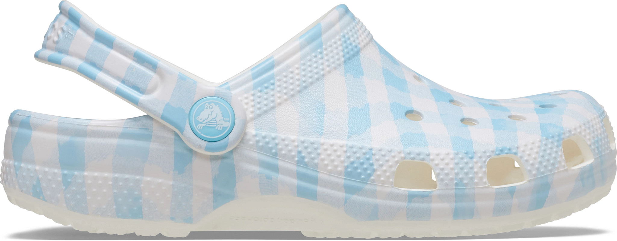Women's Crocs Classic Gingham Clog shown in White/Blue (White)