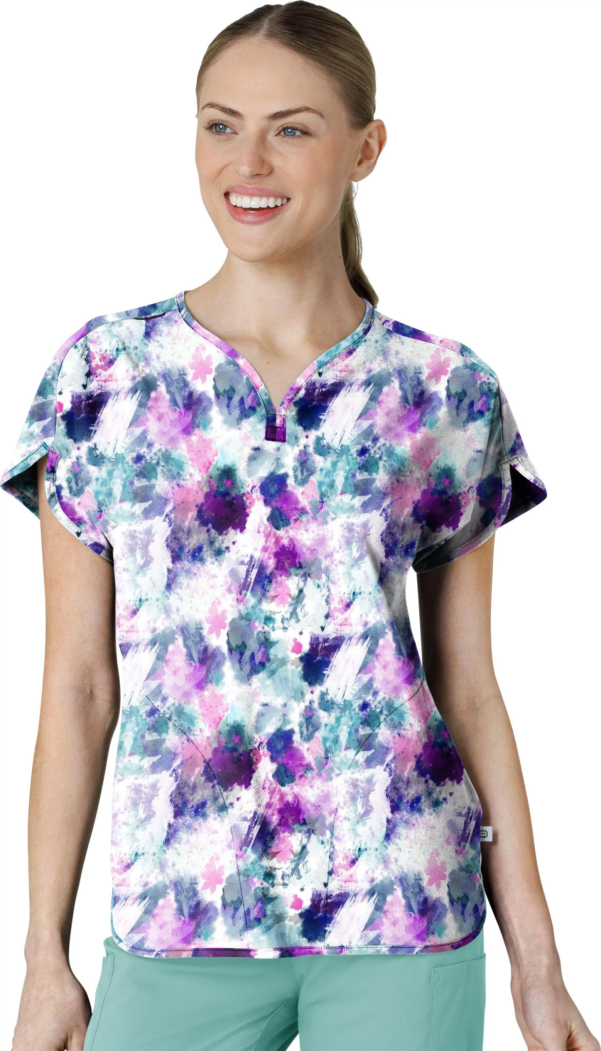 Women's Wonderwink Futuristic Floral V Neck shown in White/Multi (Prints)