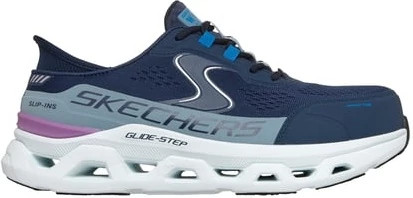 Women's Skechers Composite Toe Glide Step Atlus shown in Navy Blue (Blue)
